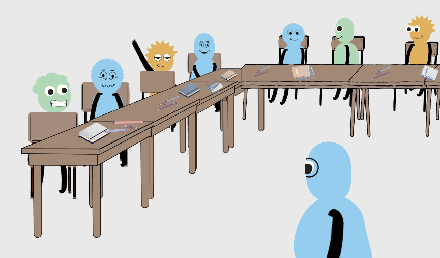 zur Vergrößerungsansicht des Bildes: Das Bild zeigt einen Ausschnitt aus dem DAWLS-Animationsvideo zum Thema "race". Abgebildet ist eine Lehrperson vor einem Teil der Klasse. Eine Person meldet sich.