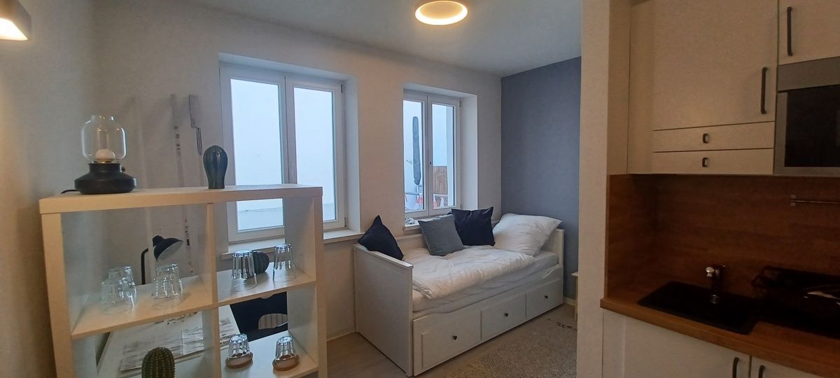 enlarge the image: Bright, modernly furnished apartment featuring a kitchenette, a bed positioned in front of two large windows, and a desk located behind a room divider. Photo: Thomas Biermann