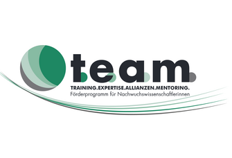 Das Logo des team-Programms enthält den Schriftzug "Training, Expertise, Allianzen, Mentoring: Förderprogramm für Nachwuchswissenschaftlerinnen"