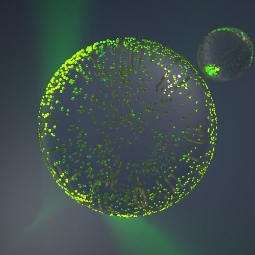 Computergenerierte Grafik eines Partikels, wie sie auch für die Experimente zum Maschinenlernen verwendet wird. Zu sehen ist ein Polymerpartikel mit vielen Goldnanopartikeln auf der Oberfläche. Einige der Goldnanopartikel werden mit einem grünen Laser bestrahlt.