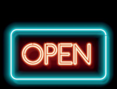 Neon sign with the word “Open”.