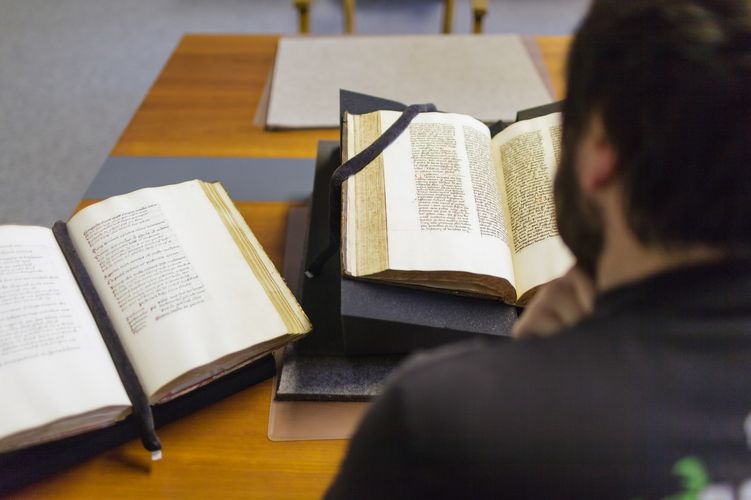 Blick von hinten auf einen Studenten, der mit alten Büchern in der Bibliothek arbeitet, Foto: Christian Hüller