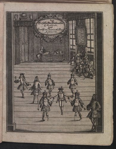 Titelkupfer aus dem Traktat "Gottfried Taubert, Tanzmeisters zu Leipzig, Rechtschaffener Tantzmeister, oder gründliche Erklärung der Frantzösischen Tantz-Kunst" (Leipzig 1717)