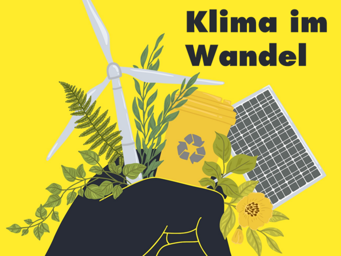 Illustration/Zeichnung: Auf gelben hHintergrund hält eine schwarze Hand einen Blumenstrauß, der aus einigen grünen Pflanzen, einem Windrad, einem Solarpanel und einer gelben Recycling-Tonne besteht.