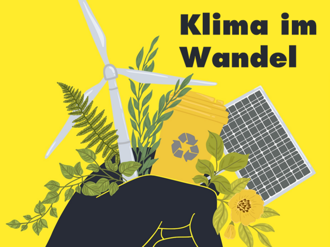 Illustration/Zeichnung: Auf gelben hHintergrund hält eine schwarze Hand einen Blumenstrauß, der aus einigen grünen Pflanzen, einem Windrad, einem Solarpanel und einer gelben Recycling-Tonne besteht.