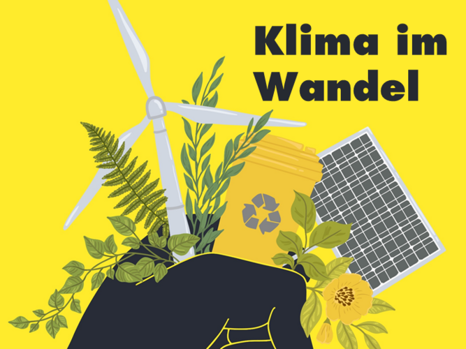 Illustration/Zeichnung: Auf gelben hHintergrund hält eine schwarze Hand einen Blumenstrauß, der aus einigen grünen Pflanzen, einem Windrad, einem Solarpanel und einer gelben Recycling-Tonne besteht.