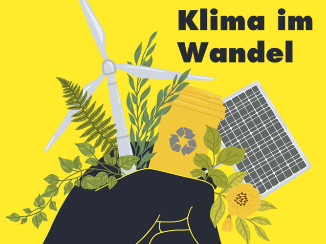 Illustration/Zeichnung: Auf gelben hHintergrund hält eine schwarze Hand einen Blumenstrauß, der aus einigen grünen Pflanzen, einem Windrad, einem Solarpanel und einer gelben Recycling-Tonne besteht.