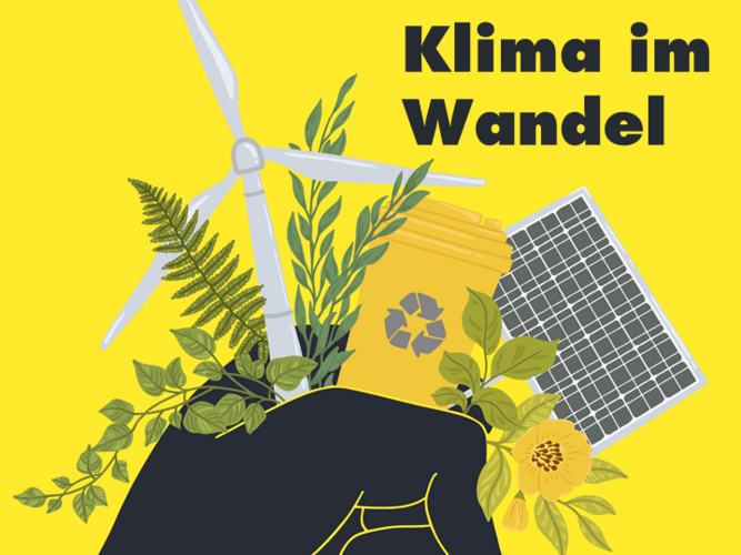 Illustration/Zeichnung: Auf gelben hHintergrund hält eine schwarze Hand einen Blumenstrauß, der aus einigen grünen Pflanzen, einem Windrad, einem Solarpanel und einer gelben Recycling-Tonne besteht.