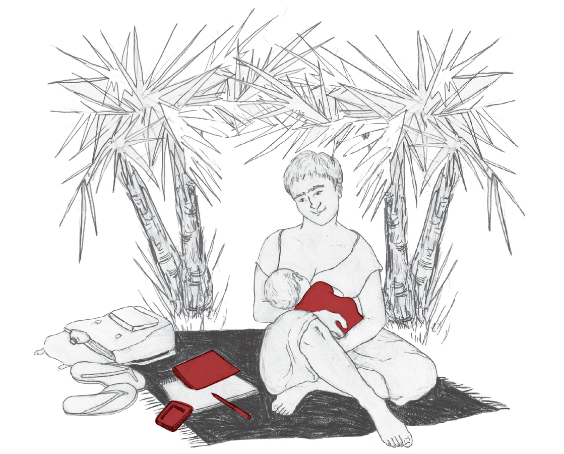 zur Vergrößerungsansicht des Bildes: Zeichnung: Eine Mutter stillt ihr Baby zwischen Palmen am Strand und vor ihr liegt Lernmaterial ausgebreitet.