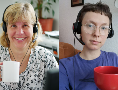 Podcast Folge 18 Prof. Dr. Anne-Marie Elbe und Annika Seiferlein mit Tassen in den Händen, Foto: privat