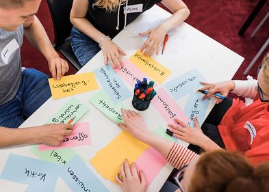 Workshops, Foto: Christian Hüller Viele bunte Zettel mit Notizen liegen auf dem Tisch