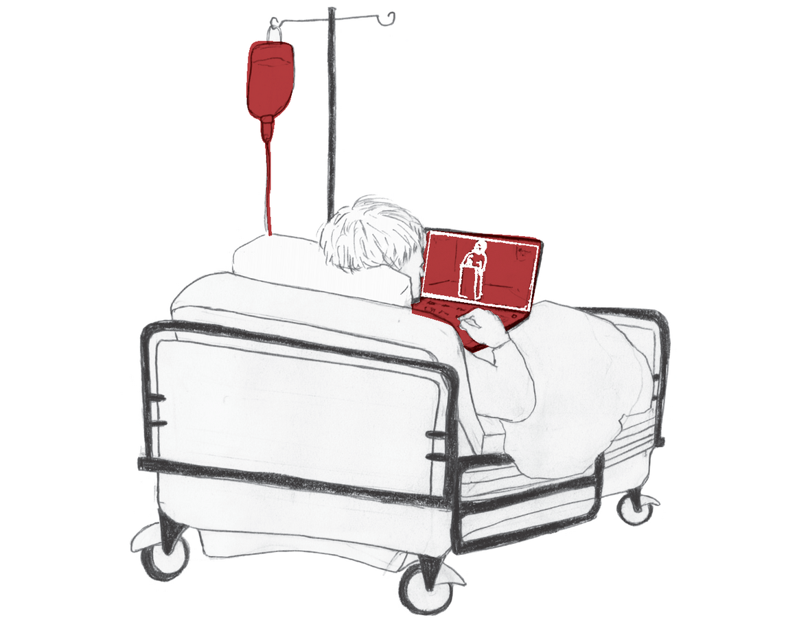 Zeichnung: Ein Student liegt in einem Krankenbett und verfolgt auf dem Laptop eine Lehrveranstaltung.