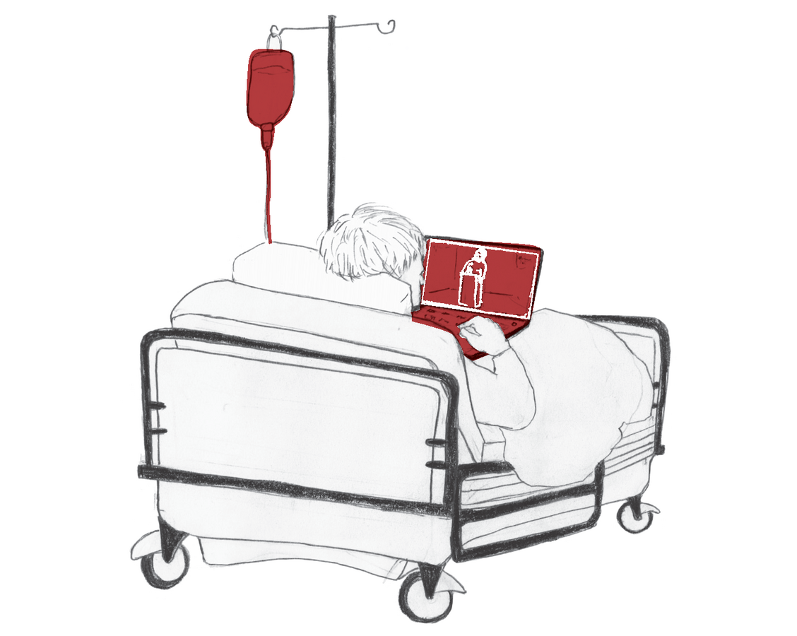 zur Vergrößerungsansicht des Bildes: Zeichnung: Ein Student liegt in einem Krankenbett und verfolgt auf dem Laptop eine Lehrveranstaltung.