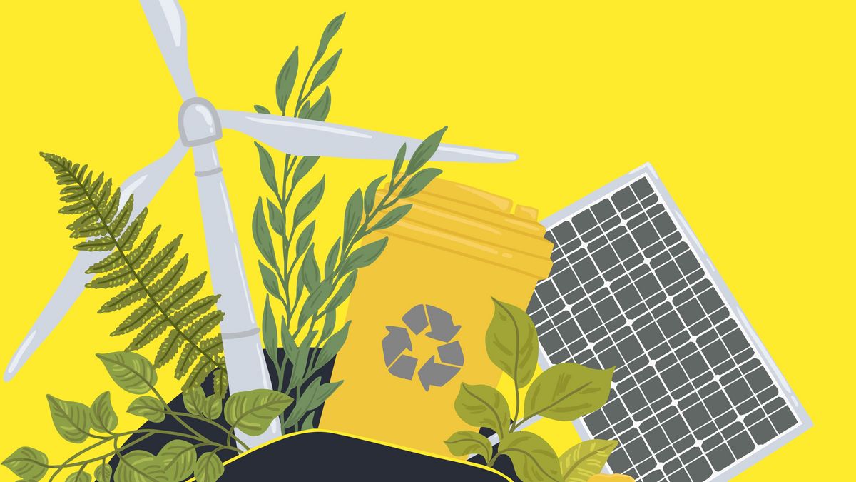 Illustration/Zeichnung: Auf gelben hHintergrund hält eine schwarze Hand einen Blumenstrauß, der aus einigen grünen Pflanzen, einem Windrad, einem Solarpanel und einer gelben Recycling-Tonne besteht.