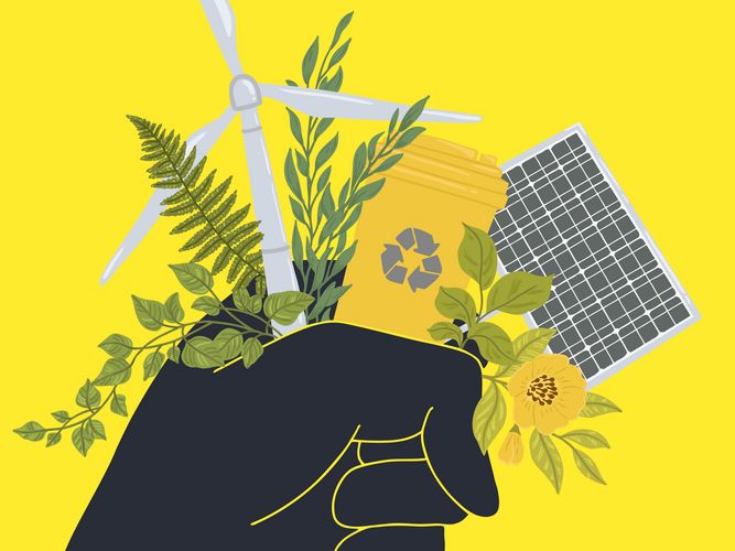 Illustration/Zeichnung: Auf gelben hHintergrund hält eine schwarze Hand einen Blumenstrauß, der aus einigen grünen Pflanzen, einem Windrad, einem Solarpanel und einer gelben Recycling-Tonne besteht.