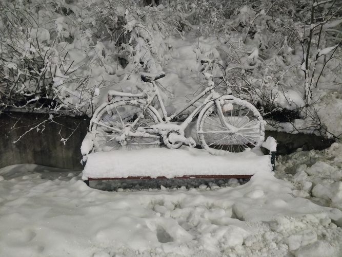 Ein dick zugeschneites Fahrrad steht an einem Zaun auf einem kleinen Podest. Alles drum herum ist ebenfalls durch eine dicke weiße Schneedecke bedeckt.