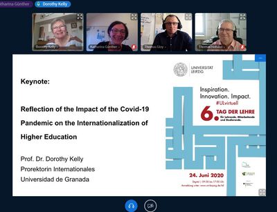 Screenshot eines Video-Chats, bei dem zwei Frauen und zwei Männer in die Kamera schauen. Den größten Teil des Bildes macht eine PowerPoint-Folie mit dem Titel der Rede "Reflection of the impact of the Covid-19 pandemic on the internationalization of higher education" aus.