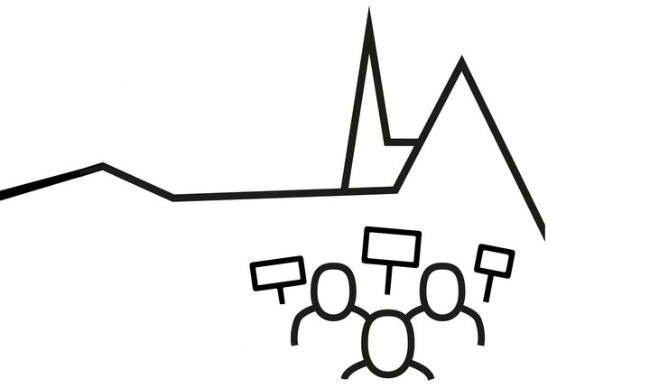 Die Grafik zeigt die Umrisse der Universität Leipzig, vor der sich Menschen mit Schildern befinden.