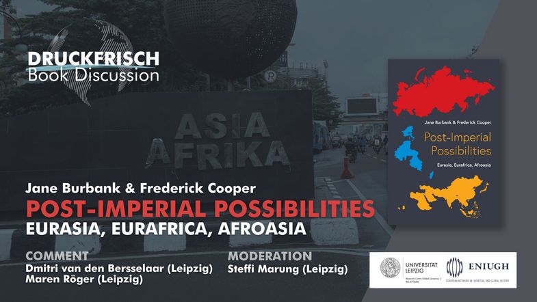 Infografik zur Druckfrisch Buchdiskussion mit Jane Burbank und Frederick Cooper. Buchtitel: Post-Imperial Possibilities - Eurasia, Eurafrica, Afroasia. Kommentar: Dmitri van den Bersselaar, Maren Röger. Moderation: Steffi Marung. Das Foto im Hintergrund zeigt eine Globusskulptur mit dem Schriftzug "Asia, Africa" in Indonesien.