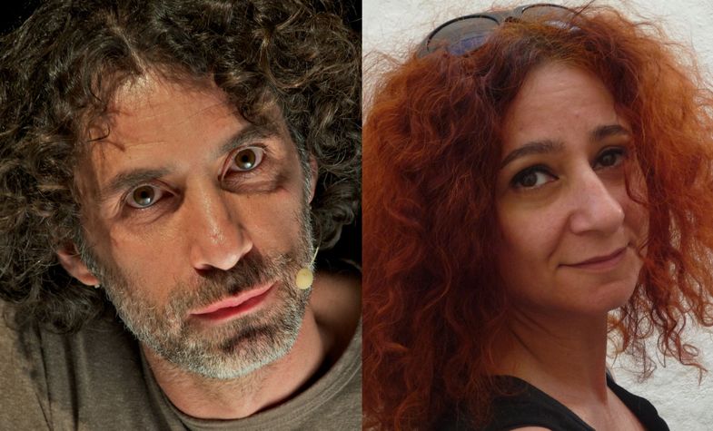 Auf dem Bild sind die Porträts der Theaterkünstler:innen Rabih Mroué und Lina Majdalanie zu sehen.