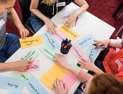 Viele bunte Zettel mit Notizen liegen auf dem Tisch