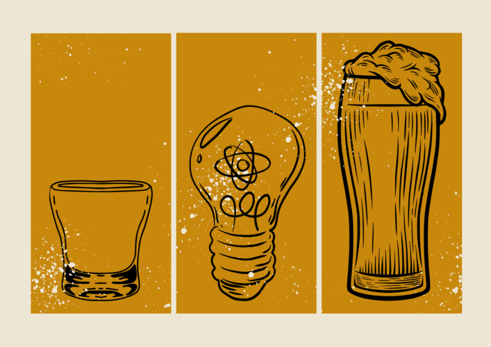 Grafik: brauner Hintergrund, Strichzeichnung, links ein Whiskeyglas, Mitte eine Glühbirne, rechts ein Bierglas