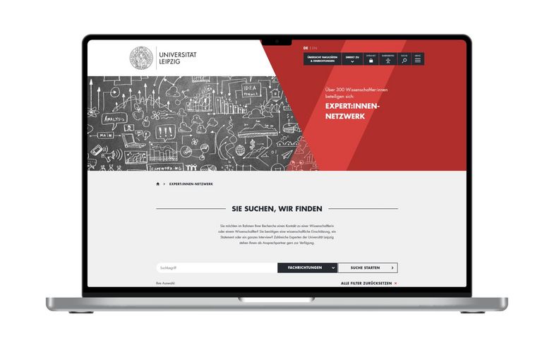 Illustration: Ein aufgeklappter Laptop zeigt die Website des Expert:innen-Netzwerks