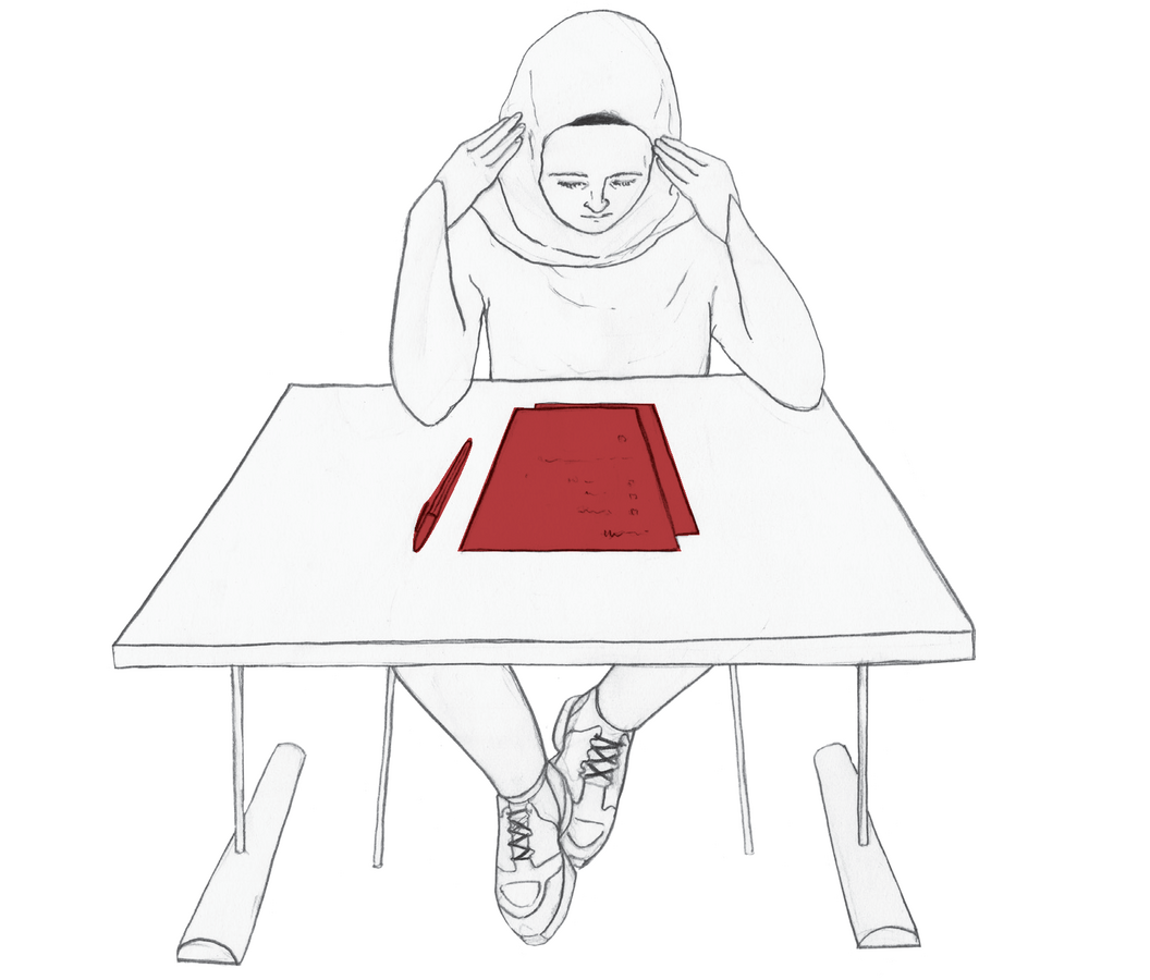 Zeichnung: Eine Studentin fasst sich während einer Prüfung konzentriert an die Stirn.
