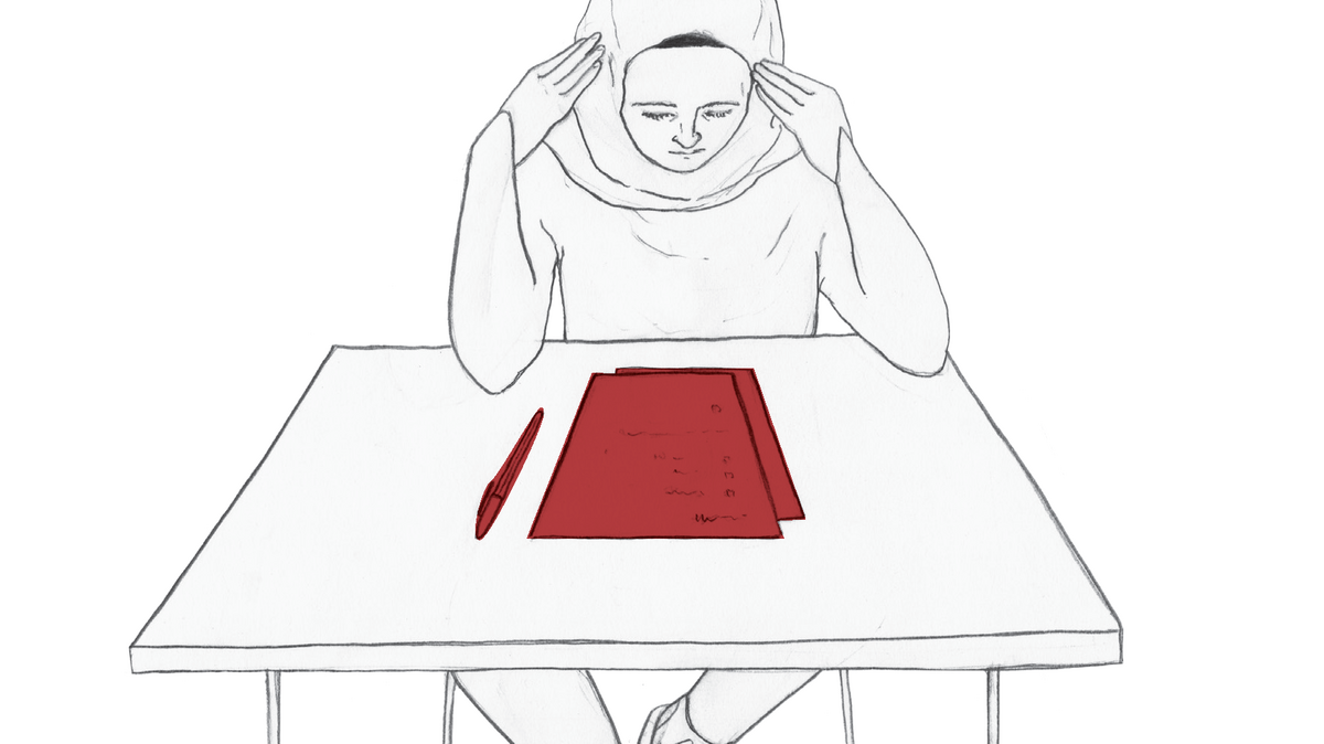 Zeichnung: Eine Studentin fasst sich während einer Prüfung konzentriert an die Stirn.