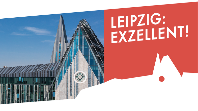 Zu sehen ist das Paulinum, darüber der Schriftzug "Leipzig exzellent"