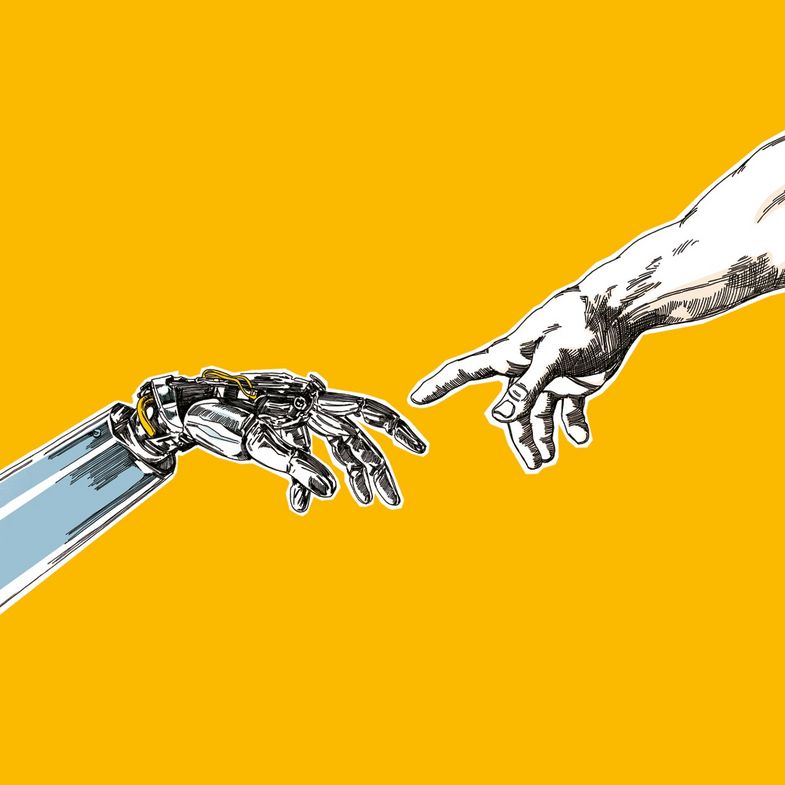 Eine menschliche Hand und eine Roboterhand berühren sich fast mit dem Zeigefinger, die Darstellung ist eine Abwandlung des Motivs von Michelangelo