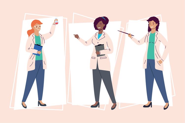 Three illustrated female scientists in lab coats. The first is holding an Erlenmeyer flask and a clipboard, the second is smiling while gesturing with one hand and also holding a clipboard, while the third is explaining something with a pointing stick. They are all wearing closed-toe shoes and standing against a subtle pink-beige background.