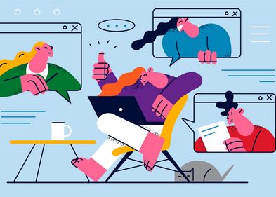 Arqus Cafés vom 18. September bis 1. Dezember 2023. Grafik: Colourbox Grafik: bunte Illustration, eine Person sitz an einem Tisch, hat einen Laptop auf dem Schoß, eine Tasse steht auf auf dem Tisch. Im Raum verteilt sind Srcreens, die andere Personen zeigen, die am Online-Meeting teilnehmen.