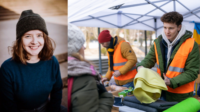 Fotomontage aus dem Porträtfoto einer Frau mit Menschen, die in Zelten geflüchteten Menschen helfen