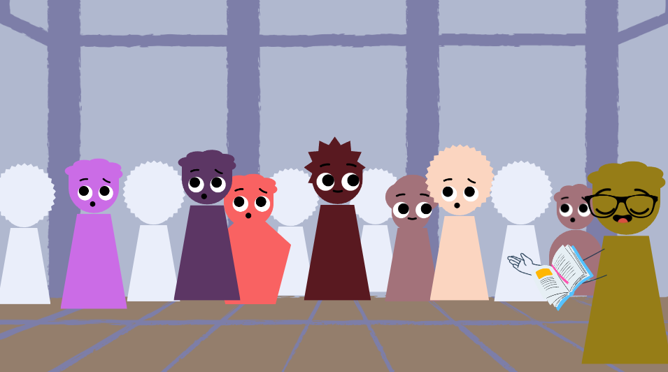 enlarge the image: Das Bild zeigt einen Ausschnitt aus dem DAWLS-Animationsvideo zum Thema "gender". Abgebildet sind mehrere Lernende und eine Lehrperson in einer Turnhalle. Die Figuren sind aus abstrakten/geometrischen Formen zusammengesetzt.