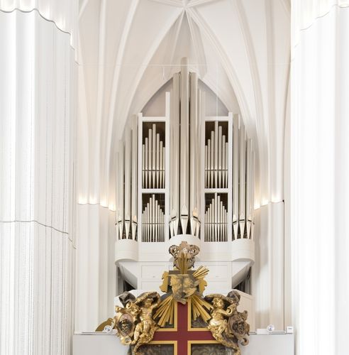 Die Schwalbennestorgel im Paulinum - Aula und Universitätskirche St. Pauli (im Vordergrund: Gedächtnismal Wilhelm von Ryssel).