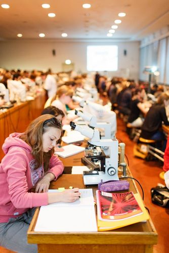 Studierende sitzen vor Mikroskopen in einem großen Raum, Foto: Christian Hüller 