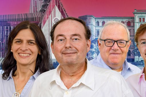 The team that will head the Collaborative Research Centre (from left to right): Prof. Dr. Georgeta Salvan (TUC/Photo: Jacob Müller), deputy spokesperson of the SFB/Transregio, Prof. Dr. Jörg Matysik (UL/Photo: Christian Hüller), spokesperson of the SFB/Transregio, Prof. Dr. Berthold Kersting (UL/Photo: Christian Hüller), deputy spokesperson of the integrated Research Training Group, Prof. Dr. Sibylle Gemming (TUC/Photo: Christian Hüller), spokesperson of the integrated Research Training Group. Graphic: Jacob Müller 