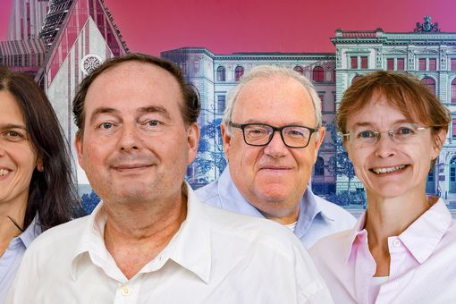 The team that will head the Collaborative Research Centre (from left to right): Prof. Dr. Georgeta Salvan (TUC/Photo: Jacob Müller), deputy spokesperson of the SFB/Transregio, Prof. Dr. Jörg Matysik (UL/Photo: Christian Hüller), spokesperson of the SFB/Transregio, Prof. Dr. Berthold Kersting (UL/Photo: Christian Hüller), deputy spokesperson of the integrated Research Training Group, Prof. Dr. Sibylle Gemming (TUC/Photo: Christian Hüller), spokesperson of the integrated Research Training Group. Graphic: Jacob Müller 