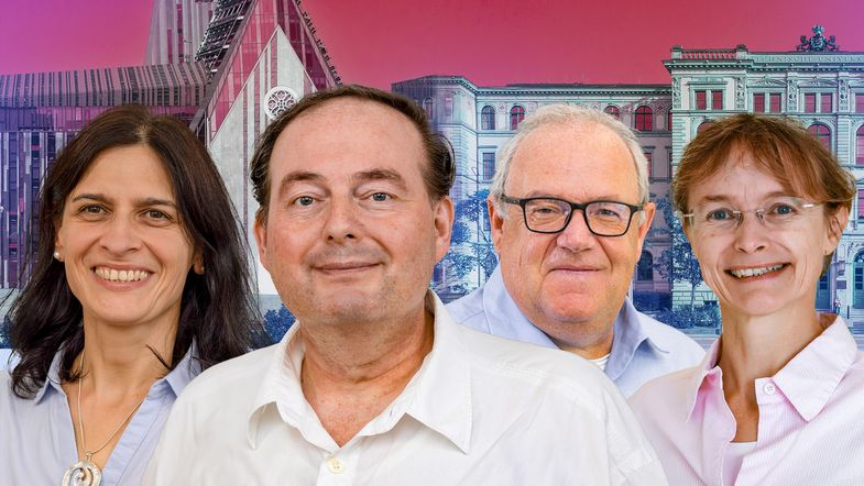 The team that will head the Collaborative Research Centre (from left to right): Prof. Dr. Georgeta Salvan (TUC/Photo: Jacob Müller), deputy spokesperson of the SFB/Transregio, Prof. Dr. Jörg Matysik (UL/Photo: Christian Hüller), spokesperson of the SFB/Transregio, Prof. Dr. Berthold Kersting (UL/Photo: Christian Hüller), deputy spokesperson of the integrated Research Training Group, Prof. Dr. Sibylle Gemming (TUC/Photo: Christian Hüller), spokesperson of the integrated Research Training Group. Graphic: Jacob Müller 