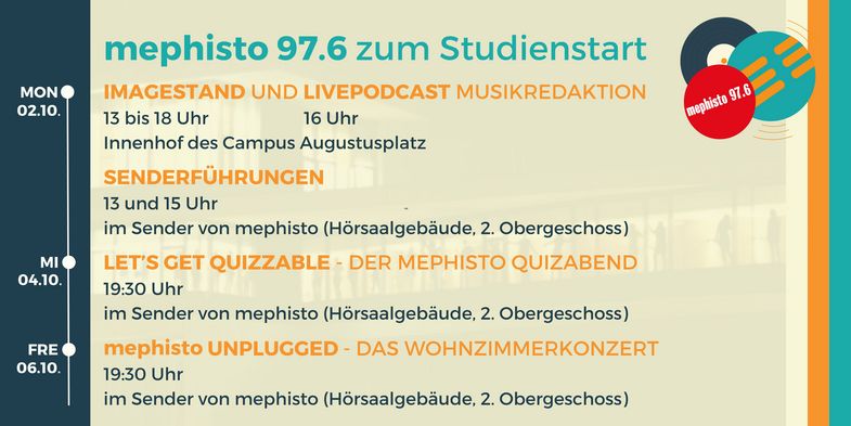 Zeitstrahl mit den Veranstaltungen von mephisto 97.6 zum Studienstart. 