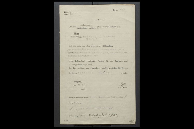 Im Universitätsarchiv wird die Promotionsakte von Erich Kästner aufbewahrt. Hier die Urkunde. Foto: Universitätsarchiv Leipzig, PhilFakProm 00336