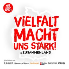 Kampagnenmotiv #Zusammenland mit Schriftzügen "wir sind dabei" und "Vielfalt macht uns stark"