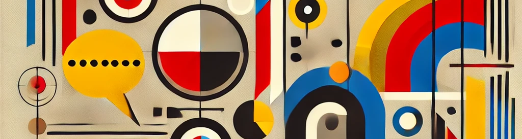 zur Vergrößerungsansicht des Bildes: Ein abstraktes Bauhaus-inspiriertes Kunstwerk mit geometrischen Formen wie Kreisen, Rechtecken und Dreiecken in kräftigen Primärfarben (Rot, Blau, Gelb) auf einem neutralen Hintergrund. Die Elemente überlappen sich und interagieren dynamisch, unterstützt durch Pfeile, Sprechblasen und Wellenlinien, die Kommunikation und Feedback symbolisieren. Die Komposition vermittelt ein Gefühl von Bewegung, Austausch und lebendiger Interaktion.