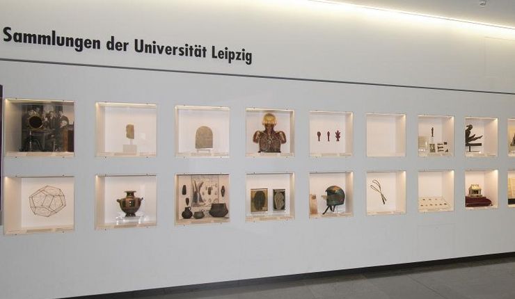 Zu sehen ist eine große weiße Wand mit 30 beleuchteten Glaskästen, in denen sich Ausstellungsstücke unserer Museen und Sammlungen befinden.