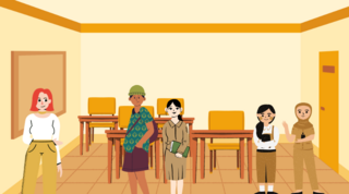 Der Screenshot zeigt eine Unterrichtssituation in einem Klassenzimmer. Zu sehen sind die Lehrkraft und vier Schüler*innen. 
