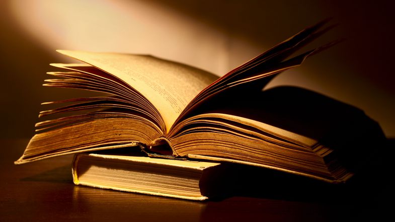 Farbfoto: zwei Bücher liegen aufgeschlagen auf einem Tisch
