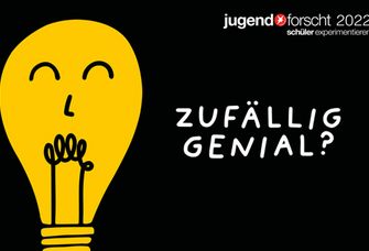 Die Grafik zu Jugend forscht zeigt eine gelbe Glühbirne auf schwarzem Grund mit dem Schriftzug "Zufällig genial?"