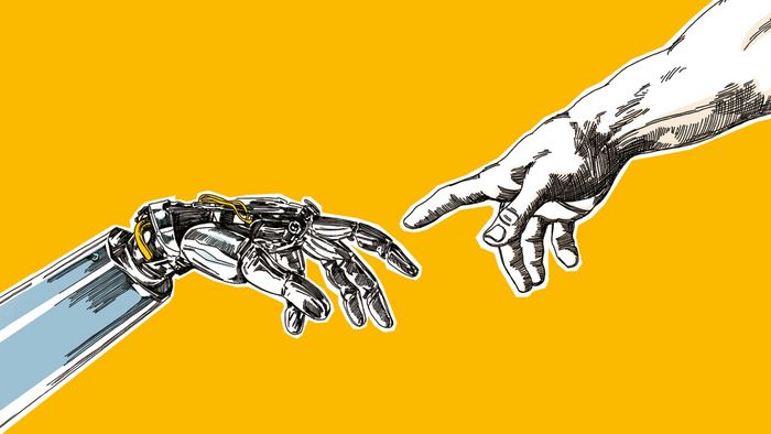 Illustratives Ausstellungsmotiv: vor einem orangegelben Hintergrund zeigen zwei Hände aufeinander. Eine Hand ist eine menschliche, die zweite eine Maschinenhand.
