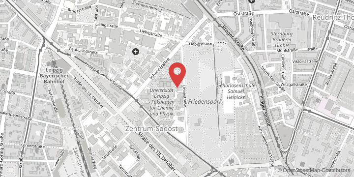 the map shows the following location: Wilhelm Ostwald Institut of Physical and Theoretical Chemistry, Linnéstraße 2, 04103 Leipzig